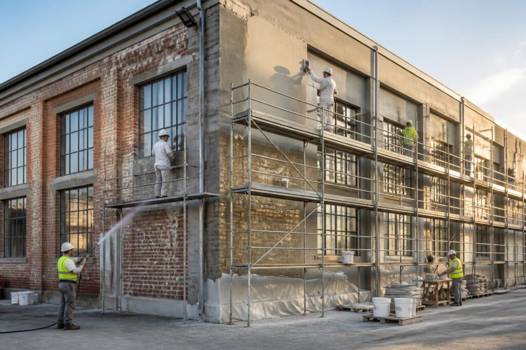 expert en réhabilitation et rénovation de façade pour bâtiments industriels, garantissant durabilité et esthétique optimale.